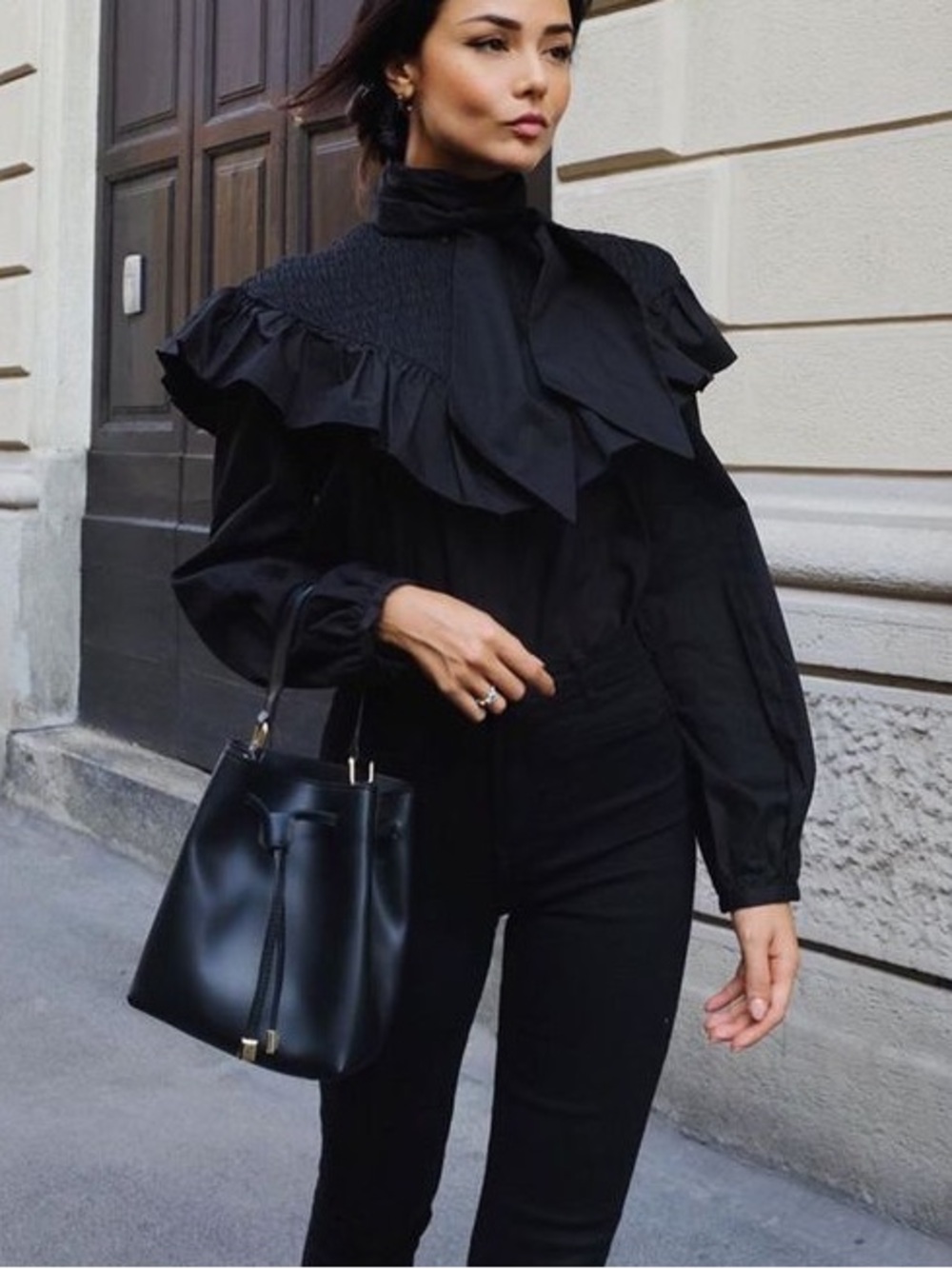 ZARA BLOGGER FAVE Black Ruffle Tie Neck Smocked Victorian Poplin Blouse Top